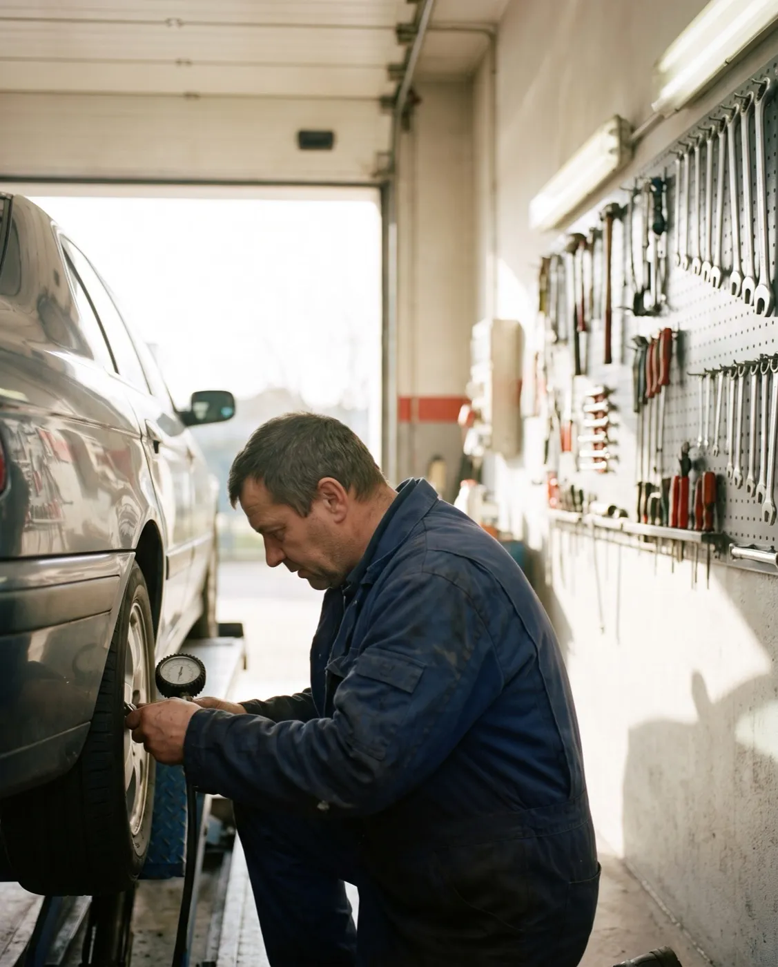 Mechanik kontroluje pneumatiku v servise