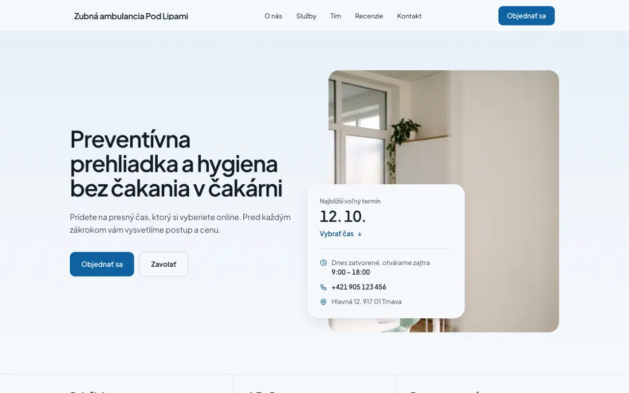 Ukážkový web Zubná ambulancia Pod Lipami v dizajne Klinický