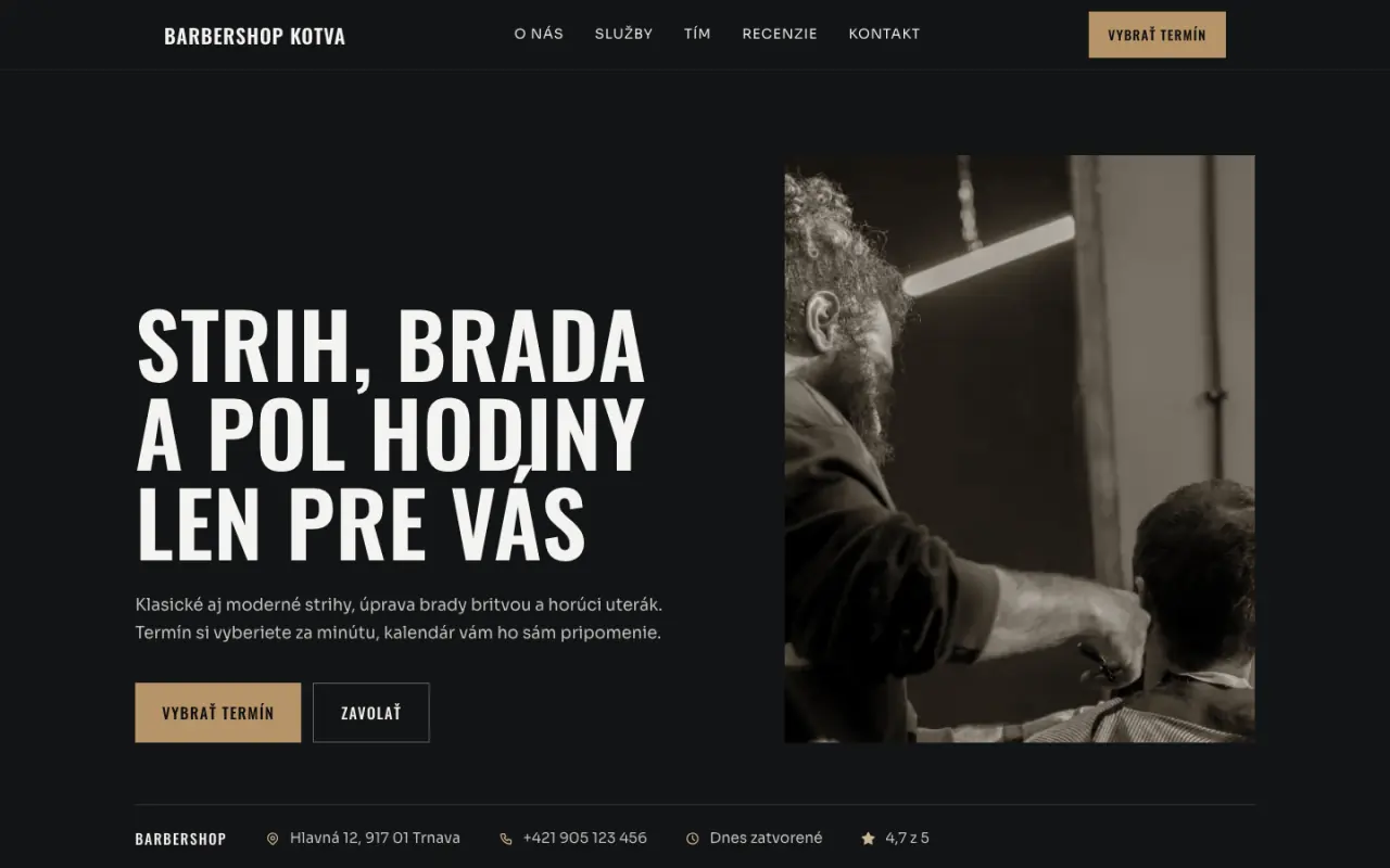 Ukážkový web Barbershop Kotva v dizajne Tmavý
