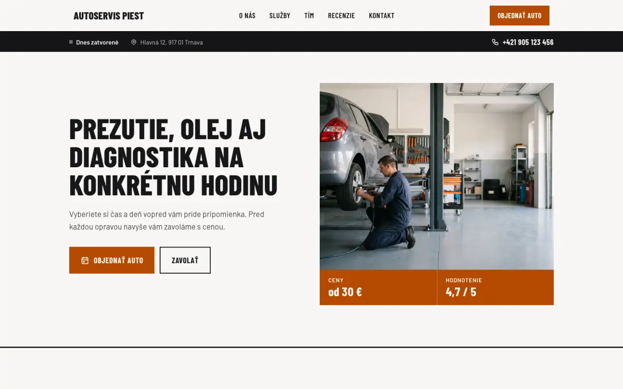 Ukážkový web Autoservis Piest v dizajne Dielňa